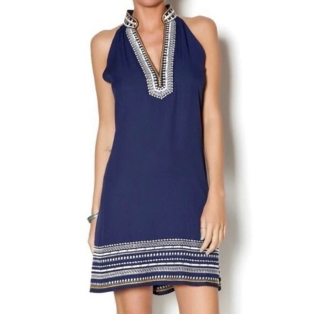 THML Chana Navy Embroidered Halter Shift Dress L Anthropologie Boho Summer